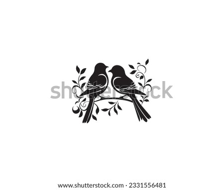 Love birds on branch, vector. Birds couple silhouette isolated on white background, illustration. Minimalist black and white art design 商業照片 © 