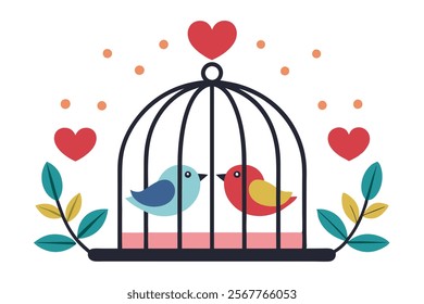 Love Birds on the Cage - Vector Image Illustration for Romance and Wedding Themes.Beautiful vector image of love birds on a cage, perfect for romantic designs, wedding invitations, Valentine’s Day.