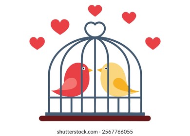 Love Birds on the Cage - Vector Image Illustration for Romance and Wedding Themes.Beautiful vector image of love birds on a cage, perfect for romantic designs, wedding invitations, Valentine’s Day.