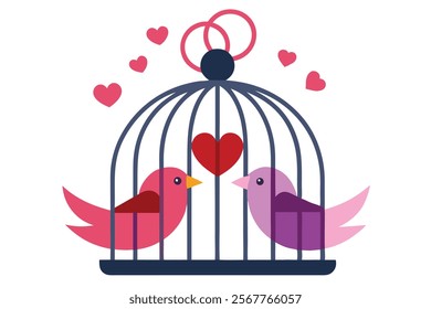 Love Birds on the Cage - Vector Image Illustration for Romance and Wedding Themes.Beautiful vector image of love birds on a cage, perfect for romantic designs, wedding invitations, Valentine’s Day.