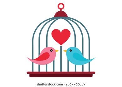 Love Birds on the Cage - Vector Image Illustration for Romance and Wedding Themes.Beautiful vector image of love birds on a cage, perfect for romantic designs, wedding invitations, Valentine’s Day.