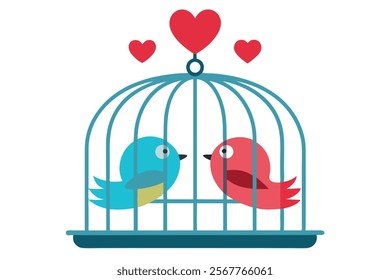 Love Birds on the Cage - Vector Image Illustration for Romance and Wedding Themes.Beautiful vector image of love birds on a cage, perfect for romantic designs, wedding invitations, Valentine’s Day.