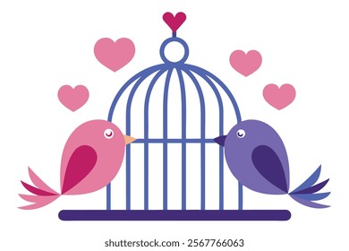 Love Birds on the Cage - Vector Image Illustration for Romance and Wedding Themes.Beautiful vector image of love birds on a cage, perfect for romantic designs, wedding invitations, Valentine’s Day.