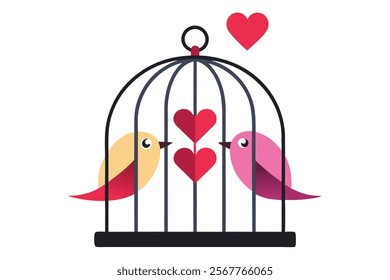 Love Birds on the Cage - Vector Image Illustration for Romance and Wedding Themes.Beautiful vector image of love birds on a cage, perfect for romantic designs, wedding invitations, Valentine’s Day.