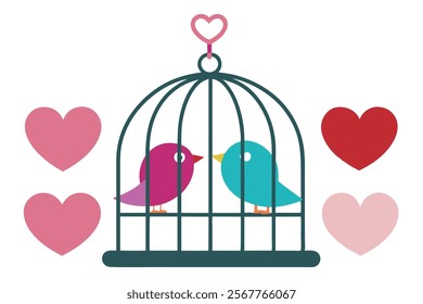 Love Birds on the Cage - Vector Image Illustration for Romance and Wedding Themes.Beautiful vector image of love birds on a cage, perfect for romantic designs, wedding invitations, Valentine’s Day.