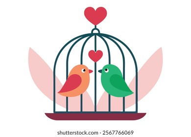 Love Birds on the Cage - Vector Image Illustration for Romance and Wedding Themes.Beautiful vector image of love birds on a cage, perfect for romantic designs, wedding invitations, Valentine’s Day.