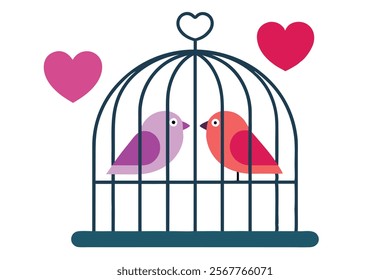 Love Birds on the Cage - Vector Image Illustration for Romance and Wedding Themes.Beautiful vector image of love birds on a cage, perfect for romantic designs, wedding invitations, Valentine’s Day.