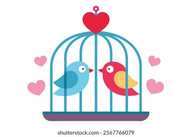 Love Birds on the Cage - Vector Image Illustration for Romance and Wedding Themes.Beautiful vector image of love birds on a cage, perfect for romantic designs, wedding invitations, Valentine’s Day.