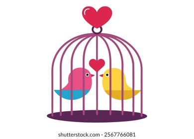 Love Birds on the Cage - Vector Image Illustration for Romance and Wedding Themes.Beautiful vector image of love birds on a cage, perfect for romantic designs, wedding invitations, Valentine’s Day.