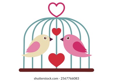 Love Birds on the Cage - Vector Image Illustration for Romance and Wedding Themes.Beautiful vector image of love birds on a cage, perfect for romantic designs, wedding invitations, Valentine’s Day.