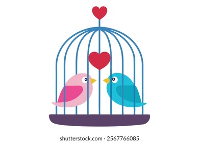 Love Birds on the Cage - Vector Image Illustration for Romance and Wedding Themes.Beautiful vector image of love birds on a cage, perfect for romantic designs, wedding invitations, Valentine’s Day.