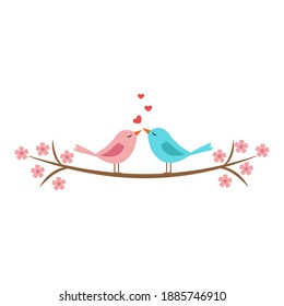 Love birds on top of a branch. Valentine's day card.Wedding invation. Vector illustration,Isolated on white background