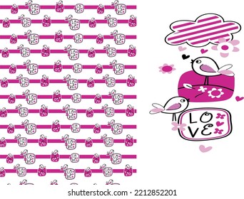 Love Birds and pattern set. Editable colors and vector curves. It can be easily Edited using any vector design software.
For your t-shirts printing, sticker designs, posters, vector element, etc.
