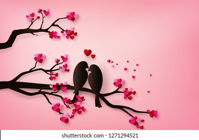 love Birds perched on a branch of a tree. paper art 3d from digital craft.