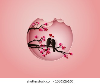 love Birds perched on a branch of a tree. paper art 3d from digital craft.