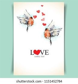 Love birds with red hearts - card for valentines day, 
