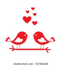 Love birds with red hearts - card for Valentine's day. Vector illustration
