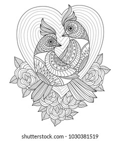 Love birds and roses.
Zentangle stylized cartoon isolated on white background. 
Hand drawn sketch illustration for adult coloring book, T-shirt emblem, logo or tattoo, zentangle design elements.