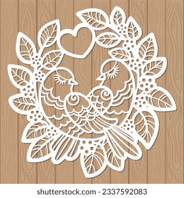 Love birds sit among the branches with a heart. Template for laser cutting of paper, cardboard, wood, metal. For Valentine's Day design, wedding cards, invitations, stickers, stencils, silk screen pri