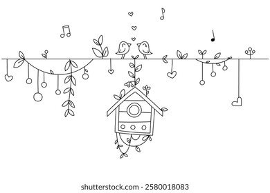 Love birds sit on a rope with spring leaves. Birds stand over their nest and sing a song to each other