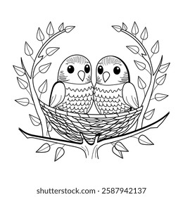 Love birds sitting in a bird, vintage style illustration