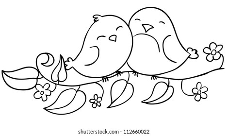 love birds sitting on the flowering branch, coloring, contour