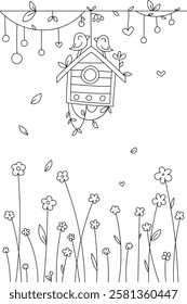 Love birds are sitting on their birdhouse. A good coloring book for creativity, hand-drawn. Birds over a colorful meadow