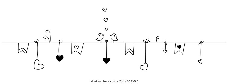 Love birds stand on a garland of flags and hearts. Little birds confess their love to each other