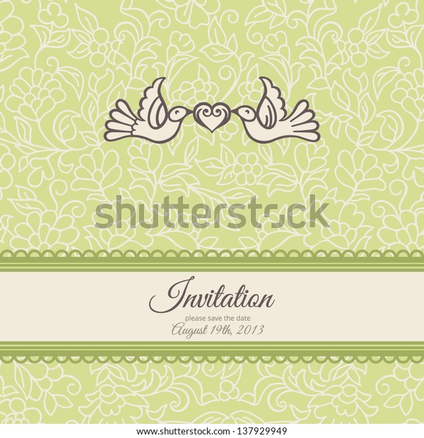 Love, birds and summer flowers: vector\
template for wedding ornament invitation, anniversary card. Elegant\
floral delicate green\
background.