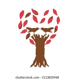 Love birds. Tree with two birds and leaves shaped into a heart. Vector illustration. 