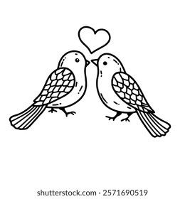 Love Birds Valentines day Hand drawn doodle line art illustration love elements greeting card decoration 