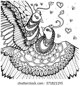 Love birds vector art illustration ornamental hand drawing of dancing pigeons doves in love with hearts background, sweet cute design for date, wedding invitation or St Valentine cards.