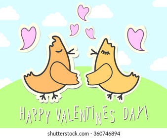 Love birds vector card for St. Valentineâ??s Day. Birds with hearts childish poster