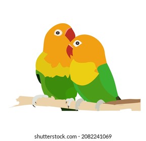 Ilustración vectorial de aves de amor. Aves bonitas, bonitas y románticas sentadas en una rama de árbol.