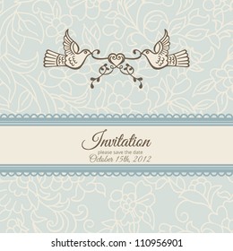 Love and birds: vector template for anniversary card, wedding ornament invitation. Elegant floral delicate blue background.