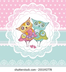 Love birds. Vintage greeting card with cute owls couple. Vector hand drawn illustration