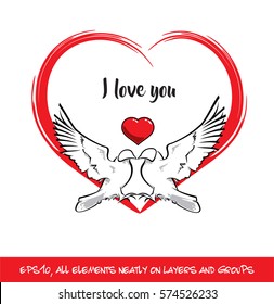 Love Birds I Love You Red Heart. Vector Illustration of two pigeons in love shaping a heart a blue and pink heart.  All elements on neatly on well-defined layers and groups