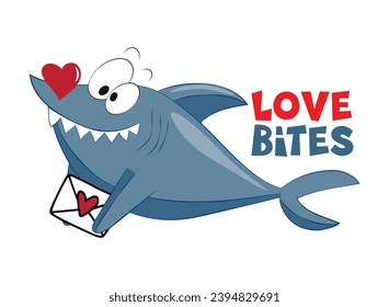 Love bites - funny shark with heart and with envelope. Happy Valentie's Day! Good for T shirt print, card, poster, textile print and other gifts design.