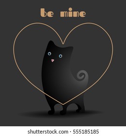 Love black cat. Be mine. Beige heart