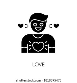 Love black glyph icon. Feeling of strong affection, emotional attachment, passion. Romantic relationship, Valentine day silhouette symbol on white space. Person in love vector isolated illustration