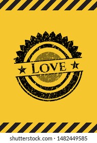 Love black grunge emblem inside yellow warning sign. Vector Illustration. Detailed.