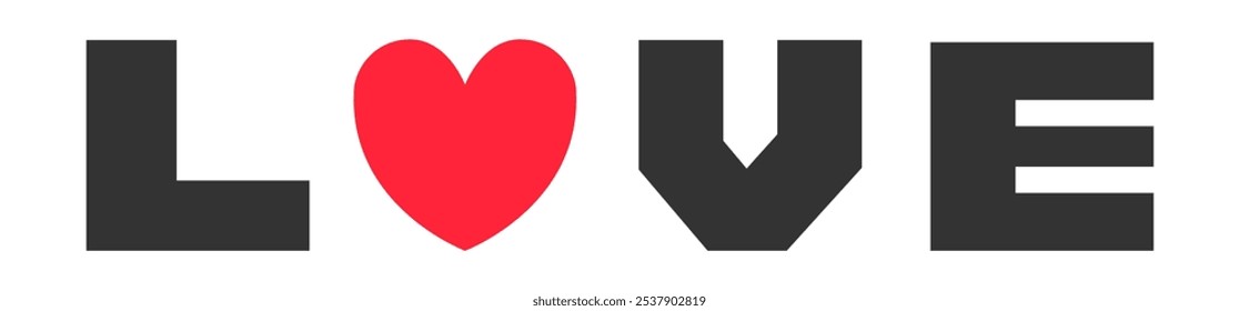 LOVE black text. Valentine red heart icon. Love sign symbol. Happy Valentines Day. Simple shape. Greeting card, banner template. Cute graphic object. Flat design. White background. Isolated. Vector
