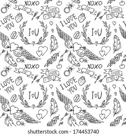 Love - black vector seamless pattern with heart, wing, ribbon, branch, arrow, feather, kiss, i love you text, cherry. Valentines day illustration