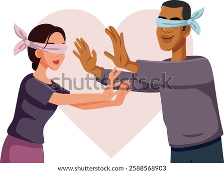 
Love is Blind Vector Concept Illustration of a Couple. Man and woman blindfolded searching for love
