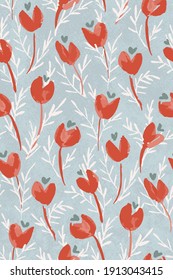 Love blooms - Red watercolor flowers with heart stamen on vintage textured blue background. Seamless vector pattern. Great for home decor, fabric, wallpaper, gift-wrap, stationery, and design projects