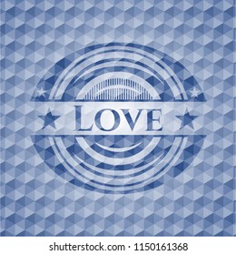 Love blue emblem with geometric pattern background.