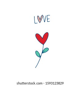 Love. Blue inscription about love, Flower on a white background. Cute greeting card, sticker or print made in the style of lettering and calligraphy. Cool inscription for Valentine's Day.