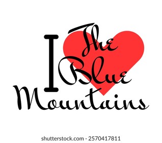 I love The Blue Mountains, city of Canada. Hand drawn letters with red heart. Vector illustration lettering, modern design for print t shirt, banner, poster, sticker or label.