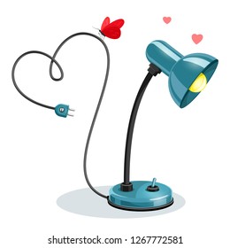 In love blue table lamp with black element and yellow light bulb. Red butterfly and pink hearts. Cartoon character. Valentine's Day. Isolated on white background. EPS10 vector illustration.