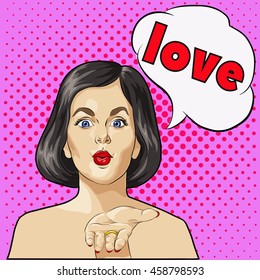 Love bobble pop art  woman face with a kiss. Vector illustration.